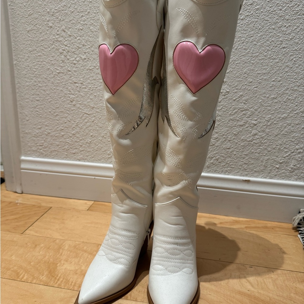 White and Pink Heart Women's Boots